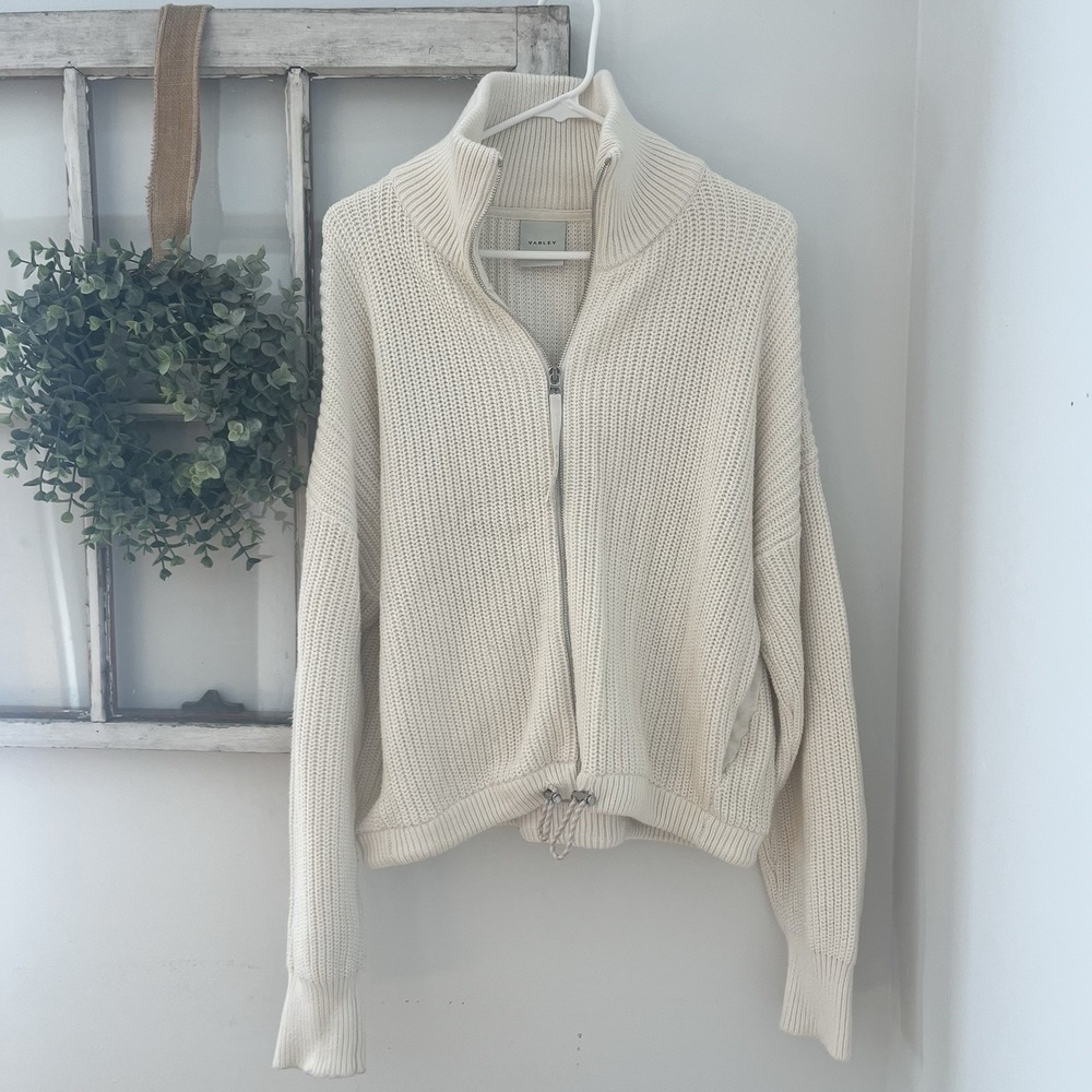 Varley Anderson Zip Through Sweater Egret White Chunky Knit Jacket Cinch Waist L - Picture 2 of 8